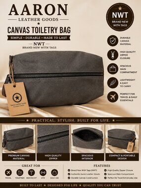 NWT Aaron Leather Goods Canvas Toiletry Bag Travel Dopp Kit Zip Utility Pouch
